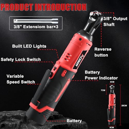 AOBEN Cordless Electric Ratchet Wrench with 83pc 1/4" to 3/8" impact sockets set,12V Electric Wrench with Variable Speed,3/8" to 1/4" Adapter, 3" Extension Bar - size: Extra Large