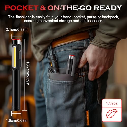 Rechargeable Pen Light, 800 Lumens LED Pen Flashlights 6 Modes COB Magnetic Flashlight with Clip Bright Pocket Flashlights Work Light Portable Waterproof Durable Penlight for Work Emergency - size: 5.39in