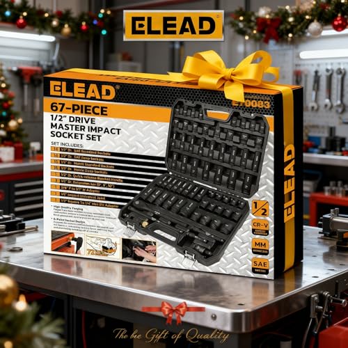 ELEAD 67 Piece 1/2" Drive Deep Impact Socket Set: Standard SAE (3/8"-1-1/4") & Metric (8-24 mm), Including 3 ", 5", 10" Extension Bar, Universal Joint, Ratchet Handle and Adapter - style: 67pcs 1/2'' Drive Impact Socket Set