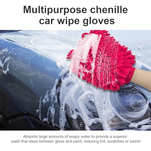 Ziciner Premium Microfiber Wash Mitt, Soft Scratch-Free Double-Sided Chenille Washing Gloves Perfect for Car Washing and Detailing (Pink, Large) - color: Pink