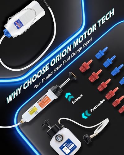 OMT 1L Brake Bleeding Tool Kit With 30ml Extractor For Solo Auto Service | Hands-Free Caliper Flush; 27-Inch Transparent Hose; Steel Mounting Chain; Durable Aluminum Cap; DIY Motorcycle Mechanics