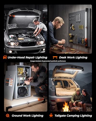 Underhood Work Light Bar, 180°Foldable Mechanic Light & 360°Rotatable Kickstand, Extendable 45.28"-72.83", 1800LM Rechargeable LED Work Light, 2-in-1 Charging Modes Engine Bay Light for Car Repair