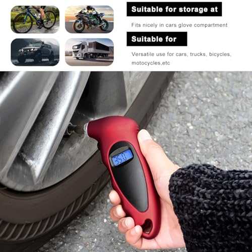 Digital Tire Pressure Gauge, 150PSI 4 Settings High Accuracy Tire Gauge with Backlit LCD and Non-Slip Grip, Easy to Read Air Pressure Gauge for Cars, Trucks and Bicycles (Red) - color: Red