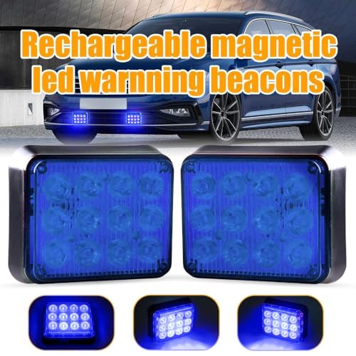 2PCS Rechargeable Flashing Lights 12-LED Blue Beacon Strobe Lights | Battery Powered Warning Emergency Caution Lights, Magnetic Strobe Lights for Trucks Vehicles Trailers Car ATV Van RV SUV - color: Blue
