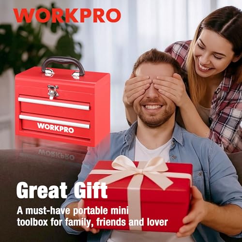 WORKPRO Portable Mini Tool Box, 2 Drawers Metal Tool Chest with Ball Bearing Slides, Top Storage with Latch, Ergonomic Carrying Handle, Mechanic Toolbox with PVC Liners and PP Feet Pads - color: Red