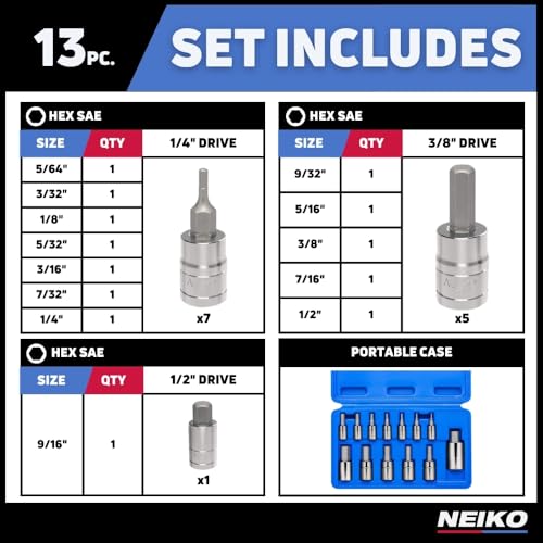 Neiko 10075A SAE Hex Bit Socket Set | 13-Piece Set | S2 Steel - size: 13 Piece, style: Allen Hex Bit