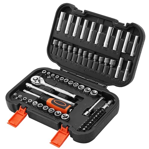 VEVOR Socket Set, 70 Pieces, 1/4 inch Drive Socket and Ratchet Set, SAE and Metric, Deep and Shallow, Mechanic Tool Kit with Bits, Accessories and Storage Case, CR-V Alloy Steel, for Automotive Repair - size: 1/4", style: 70 PCS