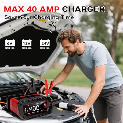 40 Amp Battery Charger, 6V/12V/24V Smart trickle Charger,car Battery Charger,Lithium, Lifepo4, Lead Acid (AGM/Gel/SLA...) Battery maintainer, desulfurizer, for:car, Boat, Motorcycle,Lawn mowers..