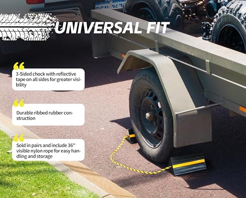 MaxxHaul 50019 Heavy Duty 3-Sided Rubber Wheel Chock with Yellow Reflective Strips and Nylon Rope and Non-Slip Base - 1 Pair - style: Rubber Wheel Chock