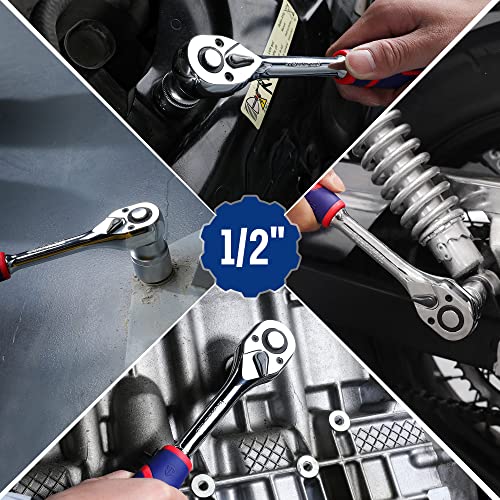WORKPRO 1/2" Drive Ratchet Wrench, 72-Tooth Reversible | Quick-Release, CR-MO Head, Chrome Plated Finish, Ergonomic Non-Slip Handle - size: 1/2"
