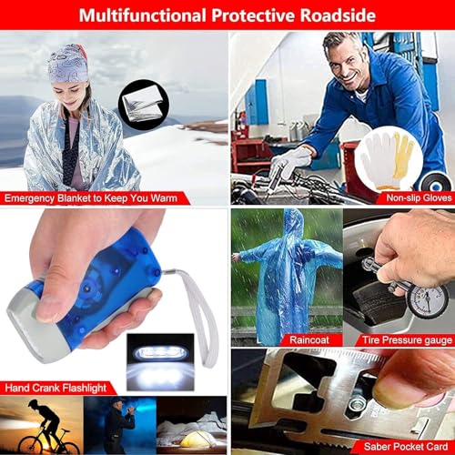 Car Emergency Roadside Tool Kit with Jumper Cable Shovel,Auto Truck Vehicle Assistant Safety Kit Bag for Men Women with First Aid Kit, Winter Basic Automobile Road Side Kit