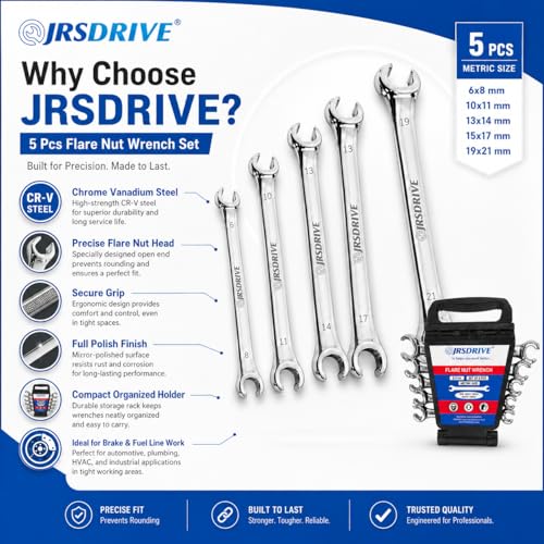 5 Pcs Flare Nut Wrench Set Metric 6x8, 10x11, 13x14, 15x17, 19x21mm CRV Line Wrench Set for Brake Line, Fuel, HVAC & Plumbing | Professional Mechanic Tools & Automotive Wrench Set E-2104