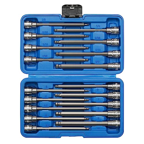 CASOMAN 3/8"Drive Extra Long Ball-End Hex Bit Socket Set, 18 Piece Allen Socket Set, Metric & SAE, 3mm to 10mm, 1/8" to 3/8", CR-V and S2 Steel