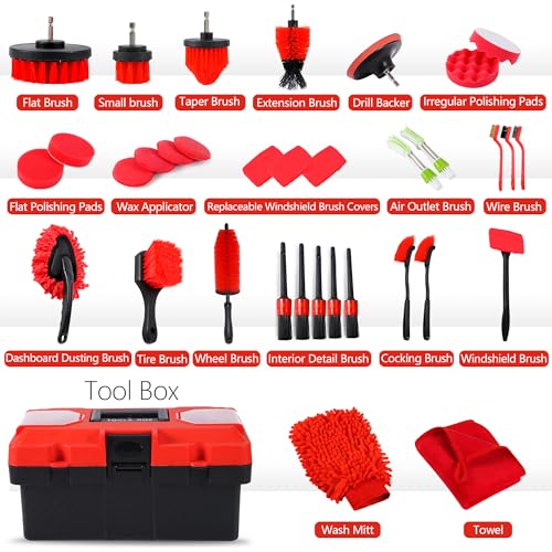 35Pcs Car Detailing Kit & Car Cleaning Kit, B:35PCS-R | Windshield Tool, Long Wheel Brush & 2 Angled Brushes, 4 Polishing Pads & 4 Wax Pads, Red Tool Box, Gift for Men