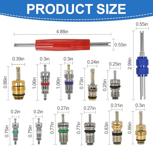 102Pcs Auto Air Conditioning Valve Core Accessories Kit A/C R12 R134a Automotive Air Conditioning Refrigeration Tire Valve Stem with Double Head Dismantling and Installer Tool Assortment Kit