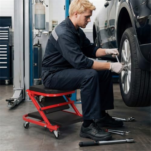 Folding Mechanic Creeper Stool, Heavy Duty Padded Seat for Garage Workshop, Low Profile Auto Repair Rolling Seat with Tool Tray, Shop Stool Workshop Seat Car Repair Creeper Under Car Creeper