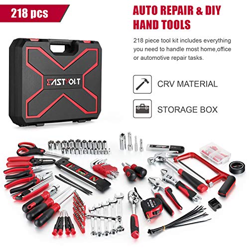 Eastvolt 218-Piece Household Tool Kit, Auto Repair Tool Set, Tool Kits for Homeowner, Plier, Screwdriver Set, Socket Kit and Toolbox Storage Case,Black + Red - size: Pack of 9, style: Tool Kit