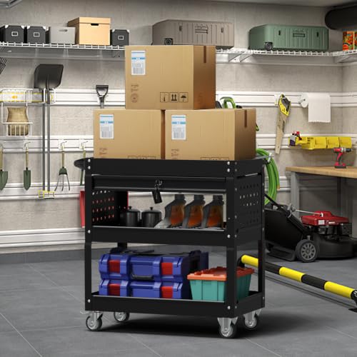 3 Tier Rolling Cart, Heavy Duty Utility Industrial Service Carts on Wheels, Metal Tool Cart with Locked Drawers, Ideal for Garage, Warehouse and Repair Shop(Black) - color: Black