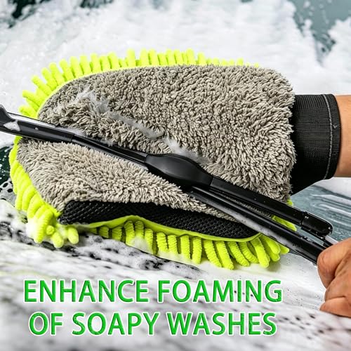 3 PCS Microfiber Car Wash Mitt, Microfiber Chenille Car Wash Sponge Glove for Car Washing and Detailing Scratch-Free, Lint-Free, Foam Gun, and Absorbent, Foam Scrubber, Cleaning Supplies