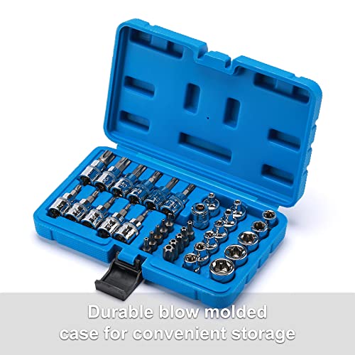 CASOMAN 34 Pieces 3/8-Inch Drive Torx Bit Socket and E-Torx (Star) Socket Set, CR-V & S2 Steel, E4-E20, T10-T60, Tamper Proof TT10-TT55, 5/16"F to 3/8"M Adapter