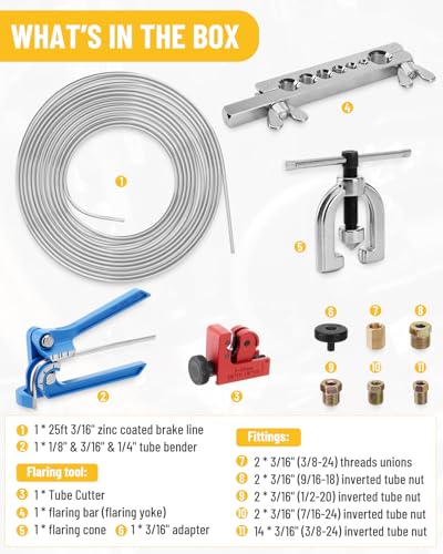 25 ft 3/16in Zinc-Plated Brake Line Flaring Tool Kit, Includes 3-in-1 Tube Bender, Double & Single Flaring Tool Set, 1 Tube Cutter, 2 Threads Unions, 20 Fittings - color: 3/16 in Zinc-Plated