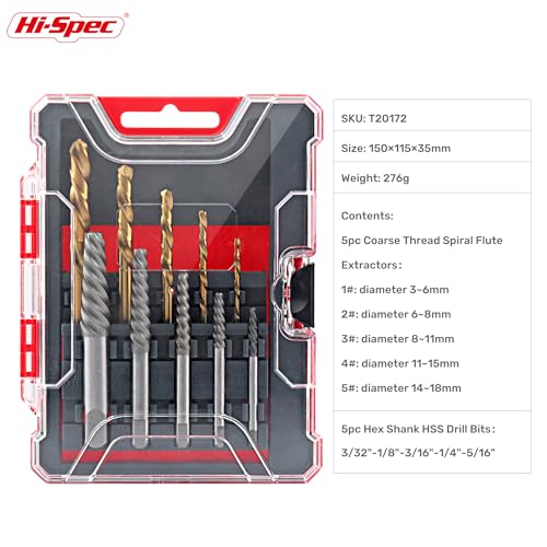 Hi-Spec Screw Extractors & HSS Drill Bit Set Easy Out Studs and Bolts | 10pc, faster bit changes, labeled storage, cleaner drilling and driving, portable case, workshop-ready layout, quick setup
