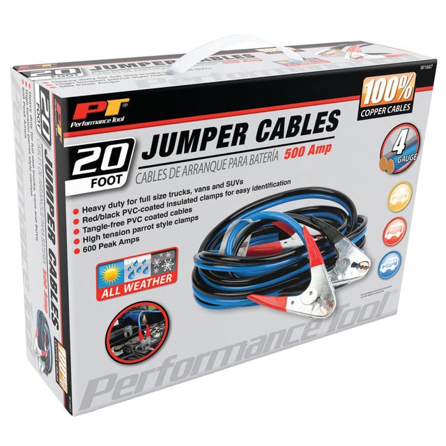 Performance Tool W1667 20' 4-Gauge 500 AMP 100% Copper All Weather Jumper Cables - style: 4GA x 20' (500 AMP) Copper