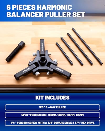 Harmonic Balancer Puller Kit - 3-Jaw Crank Pulley Removal Tool with 4 Force Rods & Case - No Radiator Disassembly Needed Tight Engine Compartments- Fits GM F-ord Ch-evr-olet C-adill-ACS etc.