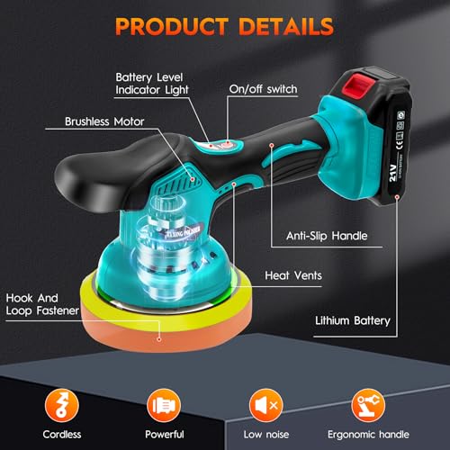 Cordless Car Buffer Polisher Kit with 2x21V Batteries, 6 Inch Car Polisher with 8 Variable Speed Max 6000RPM & 21 PCS Attachments, Buffer Polisher for Car Detailing, Sanding, Scratch Removing