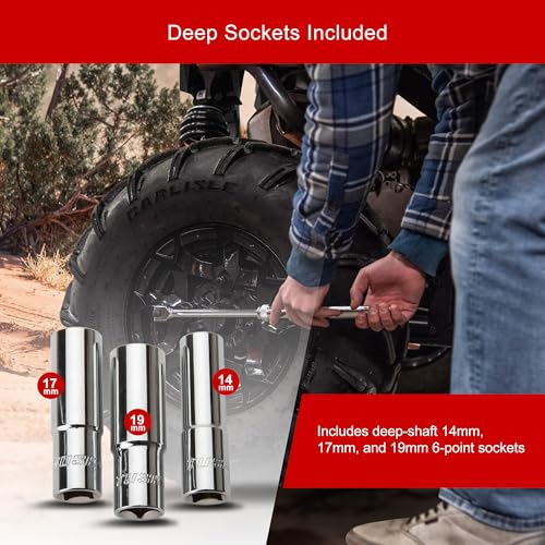 TUSK Extendable UTV Lug Wrench Kit – 11–17″ Telescoping ½″ Drive Swivel Head + Deep 14/17/19 mm Sockets, Knurled Grip, Chrome Steel Construction