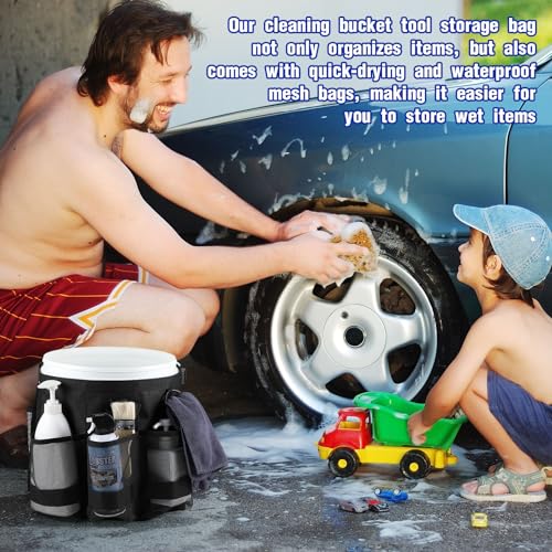 2 Pcs Bucket Organizer for 5 Gallon Car Wash Caddy Bucket Tool Bag with 6 Mesh Pockets for Cleaning Garden Fishing Tools, Bag Only