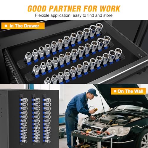 GOOACC Socket Organizer ABS Socket Holder 1/2 Inch Drive Socket Rail Holders Stores up 12 Clips x 1/2" Impact Sockets Organizers Rails for Tool Box Drawer, 1 Piece Blue - size: Clip Rail 1PC 1/2" Blue
