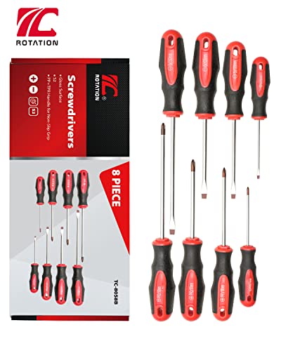 ROTATION 8-Piece Magnetic Screwdrivers Set with red tip, 4 Phillips and 4 Slotted Tips, Professional Cushion Grip Screwdriver Set with High Torque - color: 4pc Phillips+4pc Flat