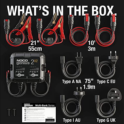 NOCO GENIUS2X2: 4A 2-Bank SmartBattery Charger(2A/Bank)6V/12V Automatic Maintainer,Trickle Charger & Desulfator with Overcharge Protection & Temperature Compensation for Lead-Acid & Lithium(Pack of 2) - size: 4A (2A per Bank) (Pack of 2)