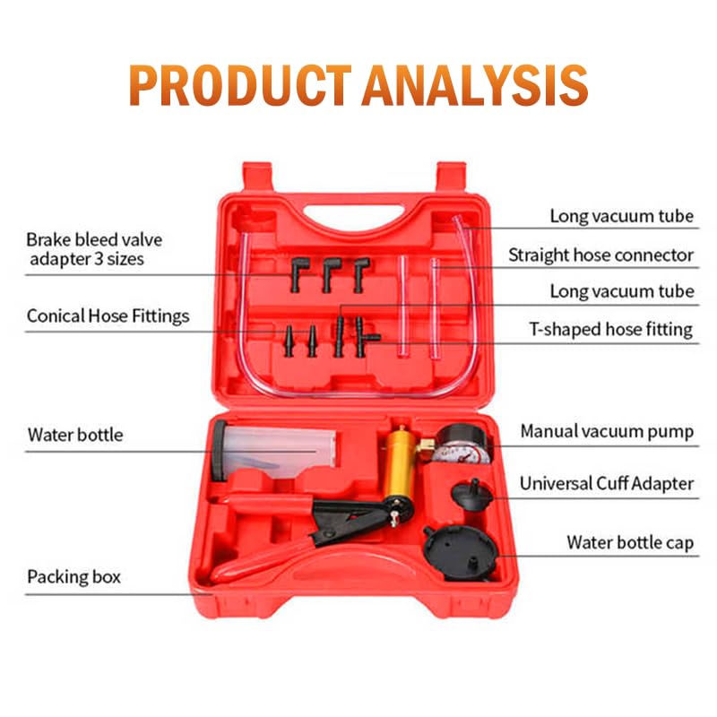 2 in 1 Brake Bleeder Kit with Hand Vacuum Pump with Gauge Adapters Automotive Brake Fluid Bleeding Set with Protected Case for Car Truck (Red) - color: RED1