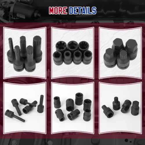 Brake Caliper Socket Set 16 Specifications Brake Caliper Removal Tool Kit High Torque 1/2" Square Drive Socket Wrench Brake Caliper Special Socket Set Compatible with BMW/Audi/Ford/Volkswagen
