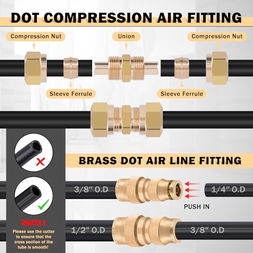 CheeMuii 156 PCS Brass DOT Air Line Fittings with 4 Roll 100FT 1/8" 1/4" 3/8" 1/2" DOT Air Lines Kit Push Lock Air Fitting Quick Connect Air Fittings with Air Hose Pneumatic Tubing - size: 100FT-4ROLL-152PCS