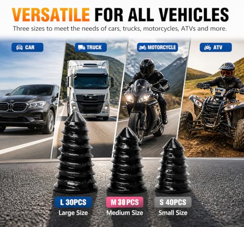 100PCS tire Repair Rubber Nail kit,Fix Without Tire Removal,Three Sizes tire Screw Plugs Tread Repair for Car,Truck,Motorcycle,SUV,Includes Tools Portable Case.