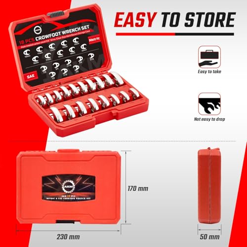 AKM 18PCS Crows Foot Wrench Set, 3/8" Drive Flare Nut Crowfoot Set, 6 Point Crows Feet Wrenches, Metric 10-22mm & SAE 3/8"-7/8" with Organizer Box, Cr-v Steel, Fully Polished Clear Mark