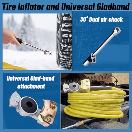 Truck Tire Inflator Kit, 3/8” x 50FT Hybrid Air Hose with 1/4" Chuck and 1/2" NPT Universal Gladhand Connection - color: Yellow