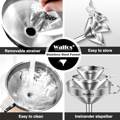 Stainless Steel Funnel, Walfos 3 Different Sizes of Kitchen funnels with 2 Removable Strainer & 1Pcs Cleaning Brush, for Transferring of Liquid, Oils, Jam, Powder - color: 3pcs 5in+4in+3in
