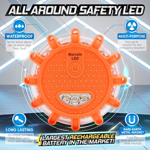 Marcala 4-Pack Rechargeable Emergency Lights For Vehicles | Largest 1200mAh Battery in the Market | Red Diode LED Road Flares Rechargeable | Hazard Lights for Vehicles with Included USB-C Cable
