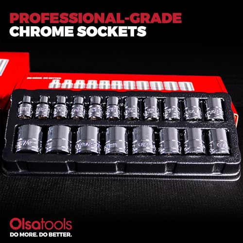 Olsa Tools Metric Shallow Socket Set - 3/8-Inch Drive, 19pc - 6-Point Chrome Sockets from 6mm–24mm and No Skipped Sizes - Mechanic Shallow Metric Socket Set - Professional Grade Sockets - Part: 1328 - color: Metric Shallow, size: 19pc, 3/8-Inch Drive