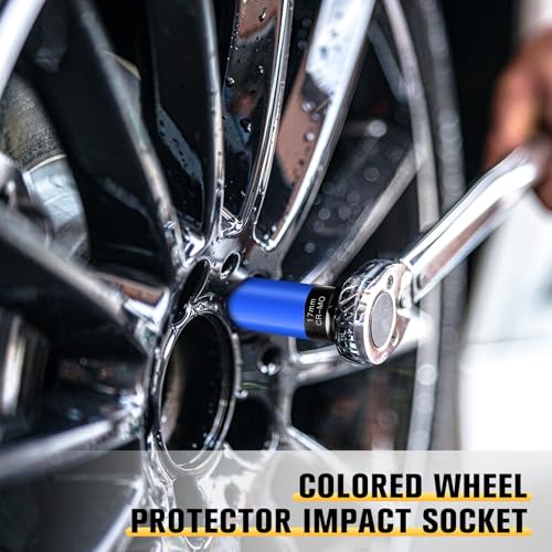 BOEN 17mm 1/2" Drive Wheel Protector Impact Socket, Non-Marring Lug Nut Thin Wall Deep Socket Set, Chrome-Molybdenum Steel, 6 Point, Color-Coded Protective Socket