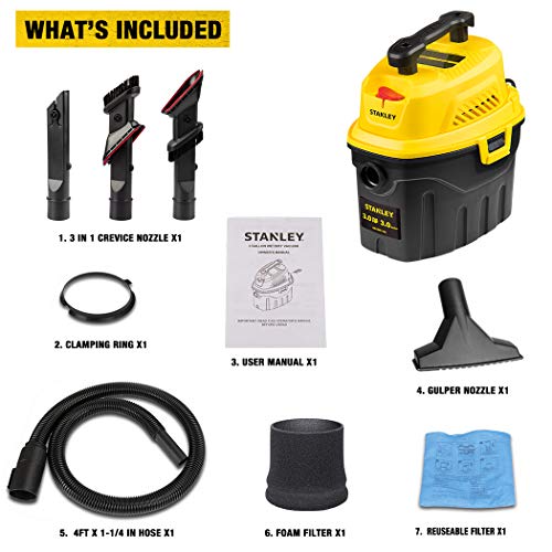 STANLEY 3 Gallon Wet Dry Vacuum, 3 Peak HP Poly 2 in 1 Shop Vac with Powerful Suction, Portable Shop Vacuum Car Vacuum W/ 3 Horsepower Motor for Auto Detailing, Tight Space Garage,Van,Vehicle