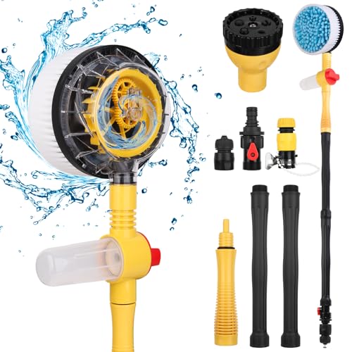 Rotating Car Wash Brush with Hose Attachment, Car Wash Brush with Long Handle & Soap Dispenser, Water-Powered 360° Spin Wash Brush Kit with Spray Gun & 5-Pattern Nozzle for Cars, RVs, Trucks