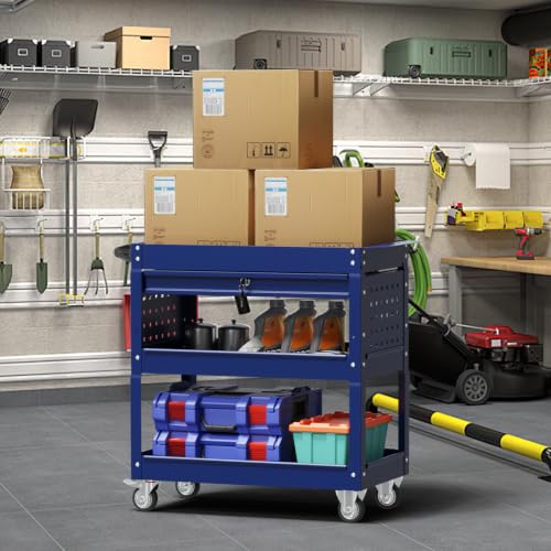 3 Tier Rolling Cart, Heavy Duty Utility Industrial Service Carts on Wheels, Metal Tool Cart with Locked Drawers, Ideal for Garage, Warehouse and Repair Shop(Blue) - color: Blue