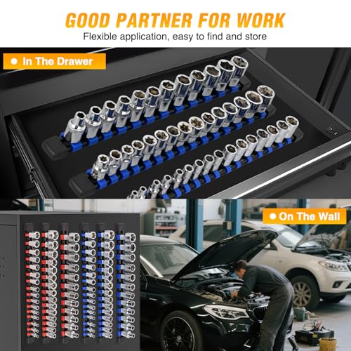 GOOACC Socket Organizer ABS Socket Holder Set 1/4" 3/8" 1/2" Drive Socket Rail Holders Stores up 86 Clips Impact Sockets Organizers Rails for Tool Box Drawer, 6 Piece Blue Red - size: Clip Rail 6PC 1/4"3/8"1/2" Blue Red