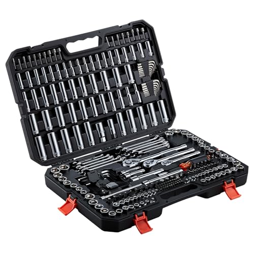 VEVOR Mechanics Tool Set, 253-Piece Mechanic Tool Kit, 1/4 in, 3/8 in, and 1/2 in Drive, SAE and Metric Socket Set, Wrenches, Screwdriver Bits, Accessories, and Storage Case, for Automotive Repair - size: 1/4"&3/8"&1/2", style: 253 PCS