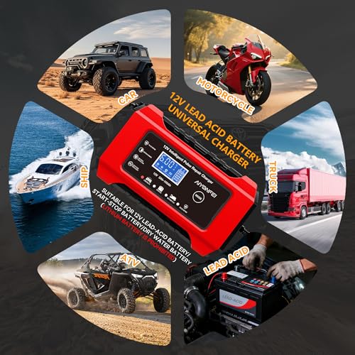 6A 12V Car Battery Charger Smart Maintainer Trickle Charger, Red | Smart Battery Desulfator, Temperature Compensation, for Car Truck Motorcycle, Lawn Mower Marine - color: Red